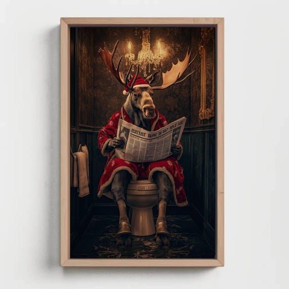 Christmas Moose Toilet Humor Art Print, Whimsical Decor