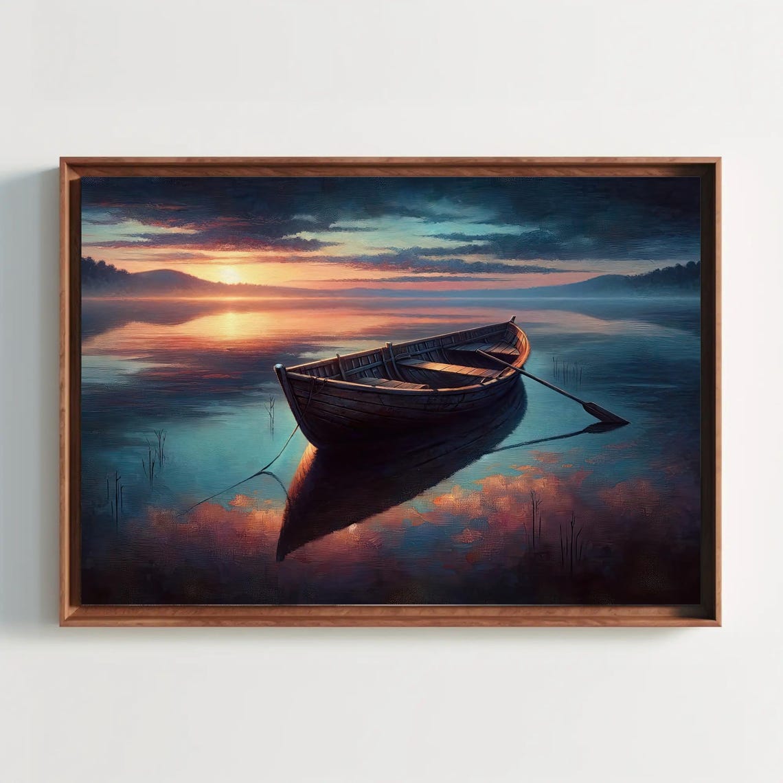 Wooden Rowboat At Sunset On Glassy Lake Mirror Reflections Poster - Image 5