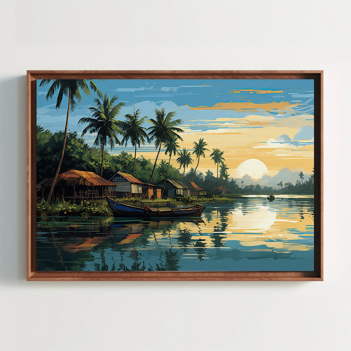 Kerala Backwaters at Sunrise with Boats and Palm Trees Poster