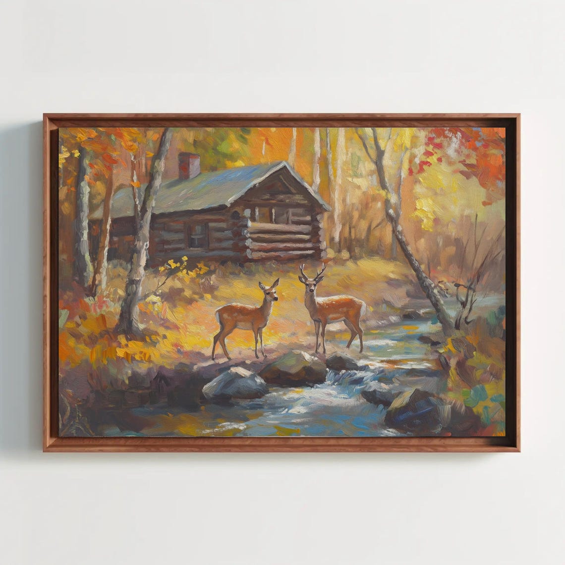 Log Cabin with Deer by an Autumn Stream in Golden Woods Poster