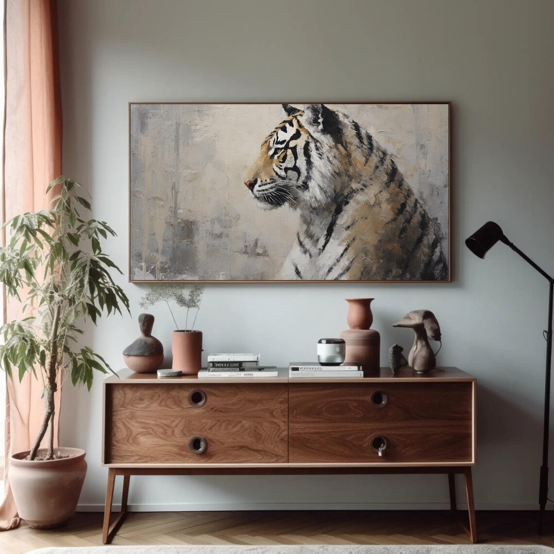 Tiger Profile Portrait in Soft Gray Textured Brushstrokes Poster - Image 4