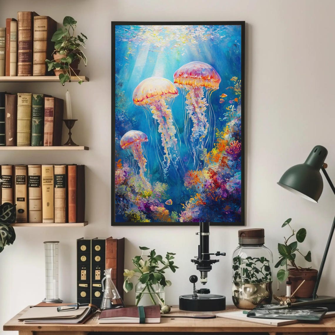 Colorful Jellyfish Drifting Above a Bright Coral Reef Poster - Image 2