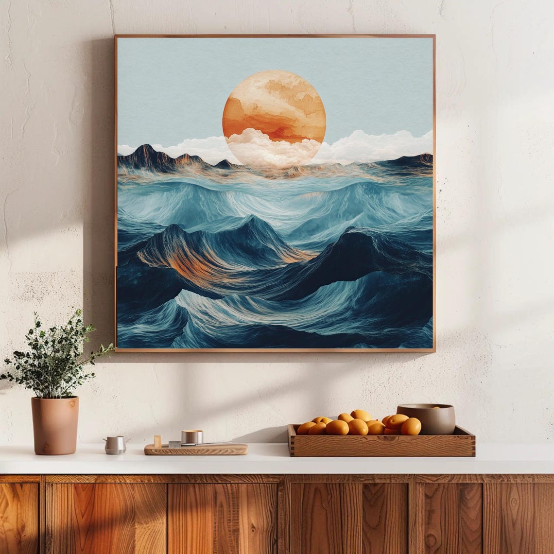 Rolling Teal Ocean Waves Beneath Giant Orange Sun Dreamy Poster - Image 3