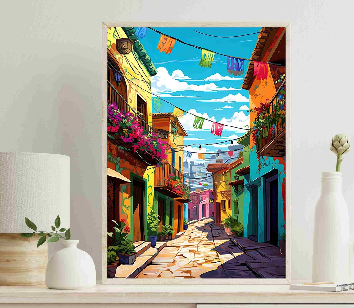 Colorful Mexican Street With Hanging Papel Picado Flags Art Poster