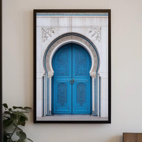 Blue And White Moroccan Door Print Moroccan Architecture Art Framed Cultural Wall Decor For Living Room Ready To Hang