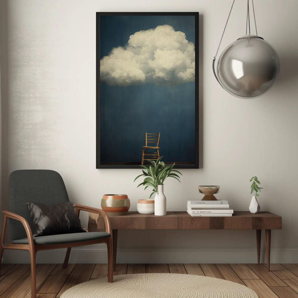 White Cloud Over A Chair Navy Blue Surreal Minimalist Poster - Image 4