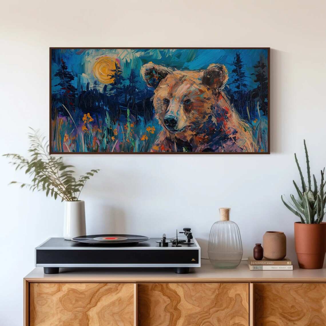 Brown Bear Wildflowers Starry Night Oil Painting Wildlife Poster - Image 4