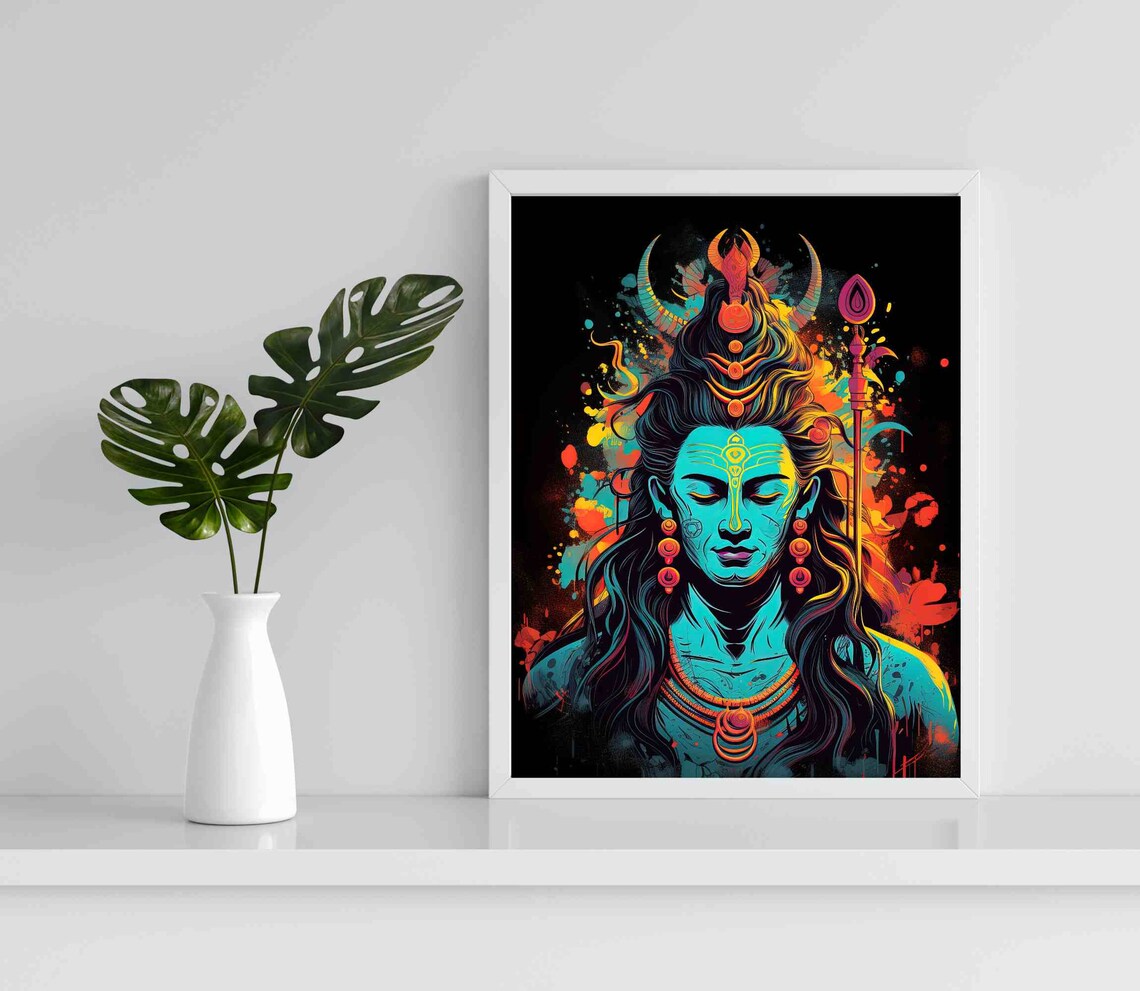 Shiva With Trident Neon Pop Art Cosmic Blue Night Portrait Poster - Image 2