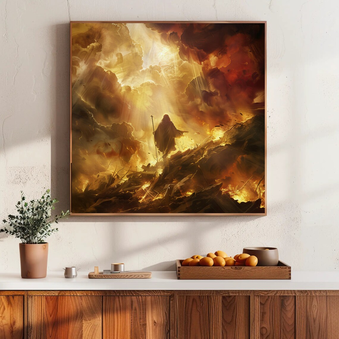Hooded Prophet Walking Through Golden Heavenly Fire Religious Art Poster - Image 5