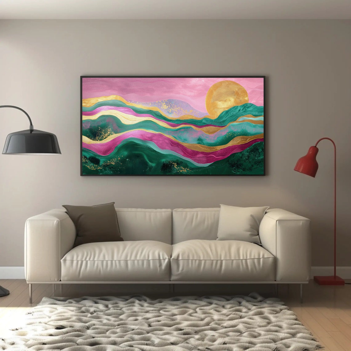 Vibrant Abstract Mountain Sunset Pink Teal Gold Waves Poster - Image 4