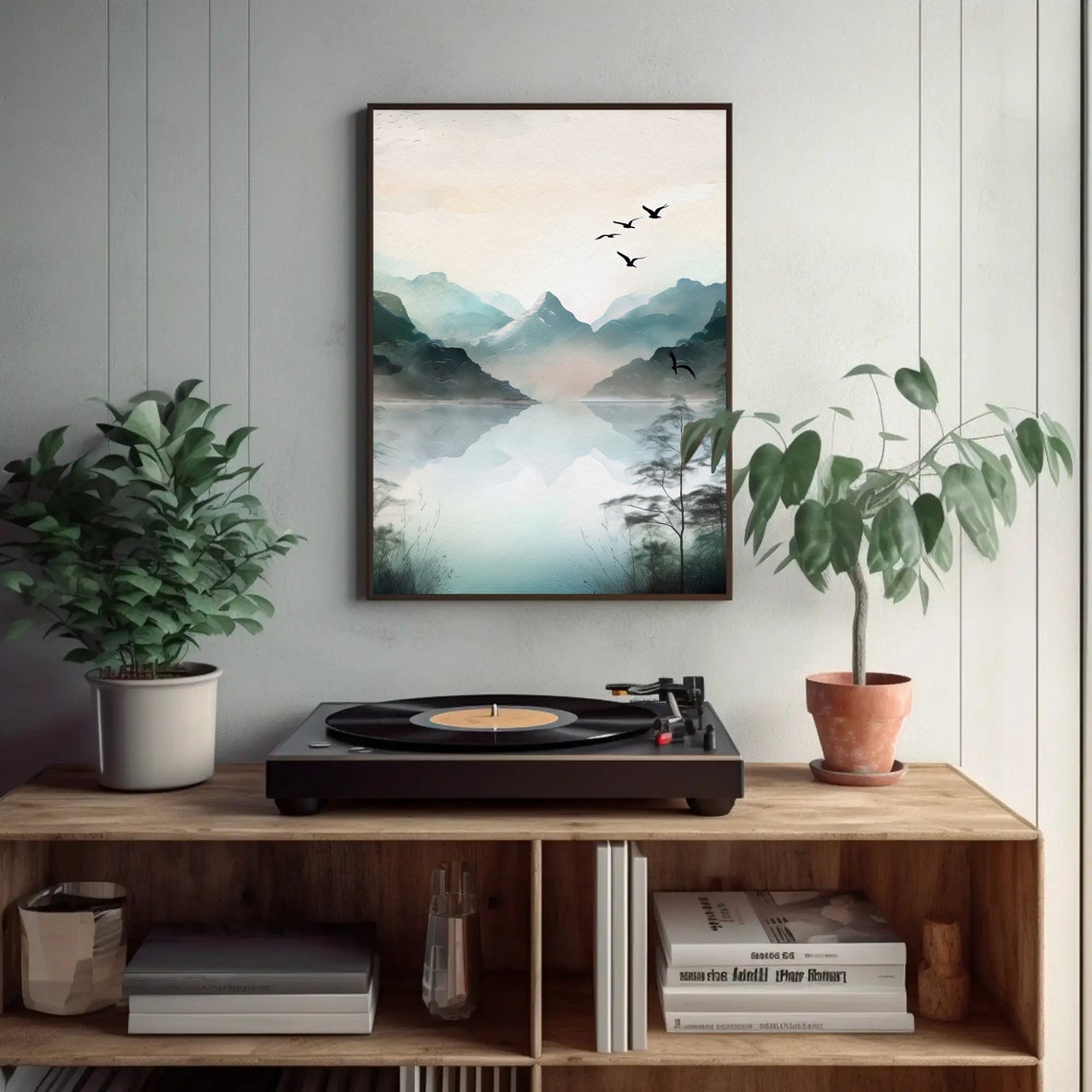 Misty Mountain Lake Reflection With Birds Watercolor Art Poster - Image 4