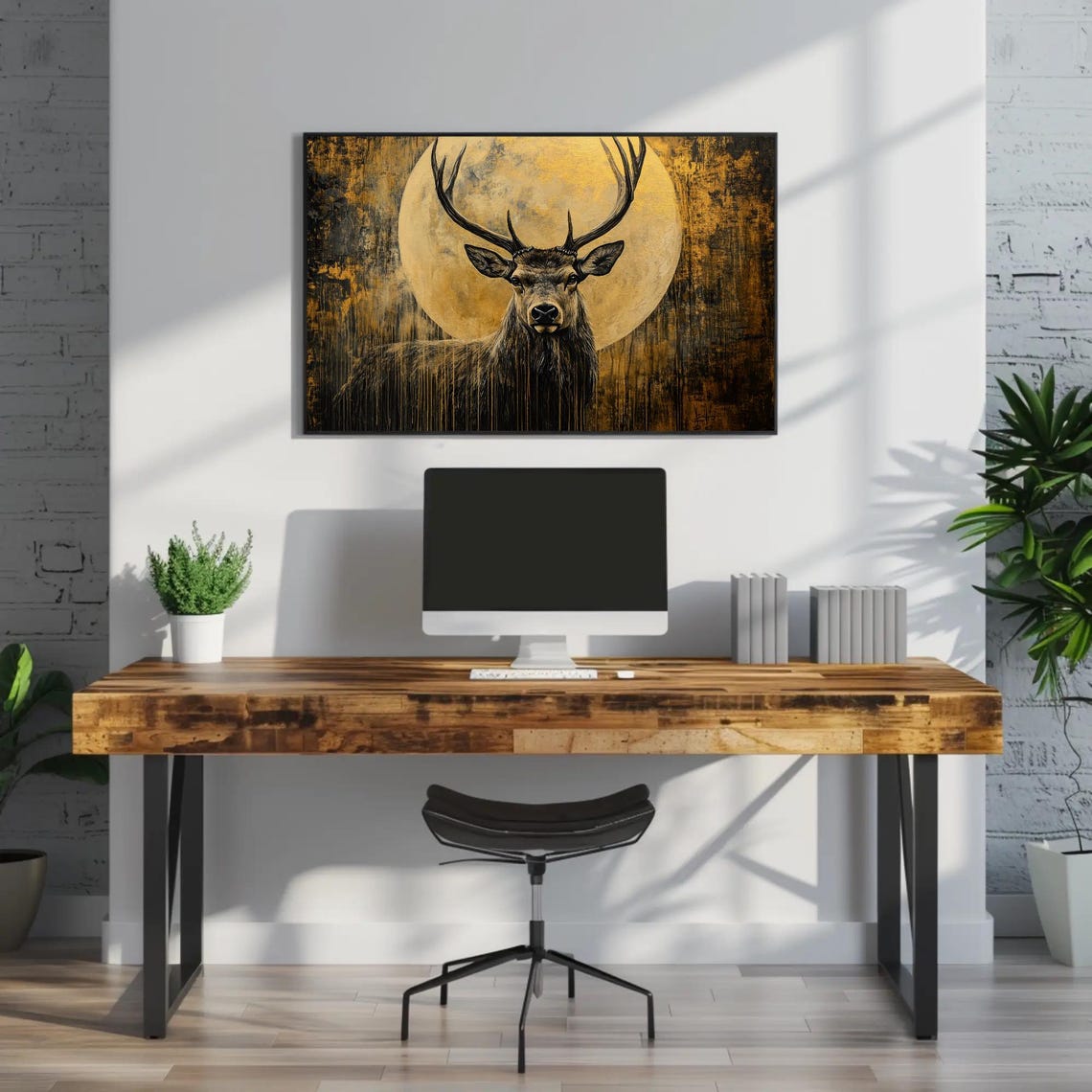 Majestic Stag Before A Golden Full Moon Dark Forest Art Poster - Image 2