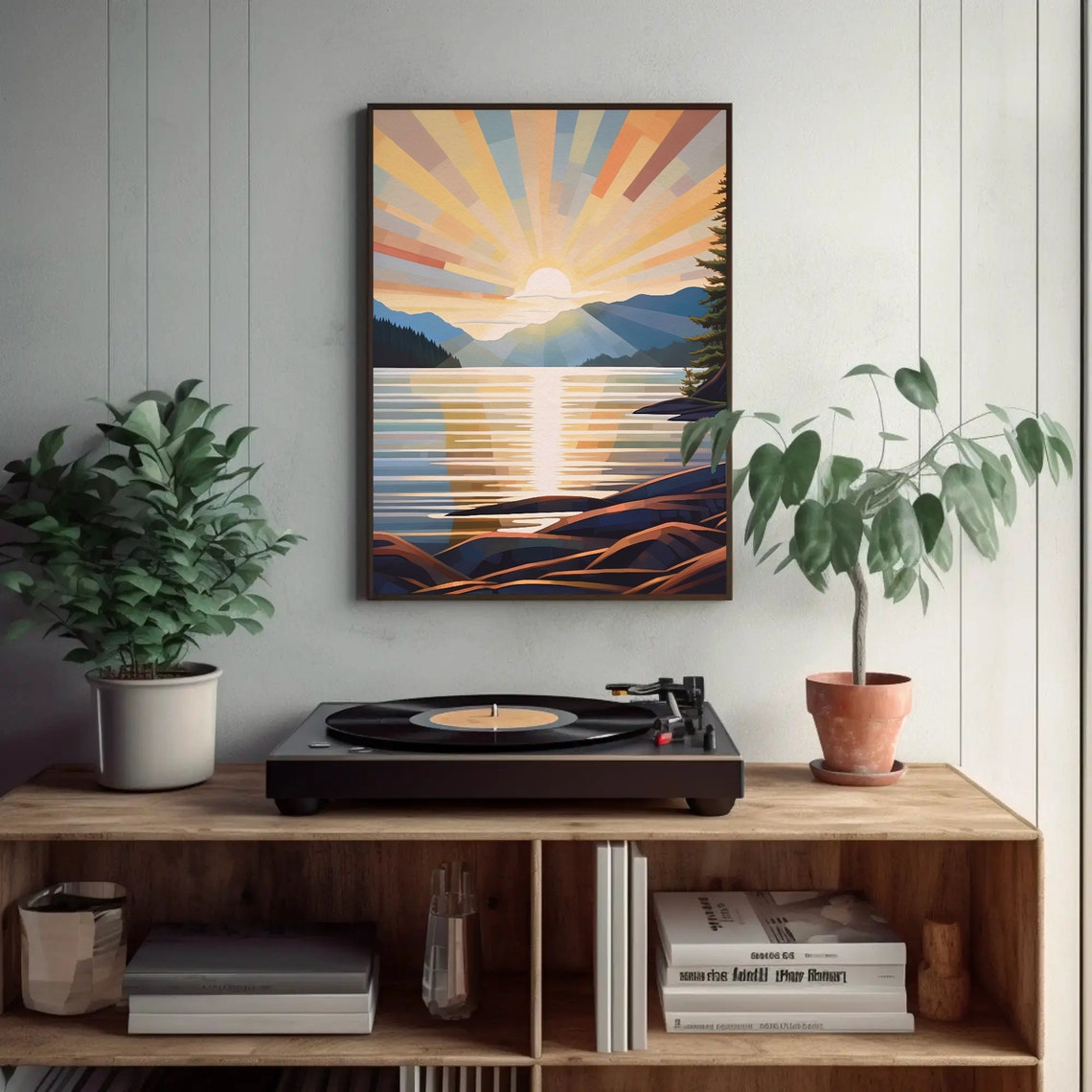 Geometric Sunrise Over Lake Mountains Art Deco Rays Art Poster - Image 2