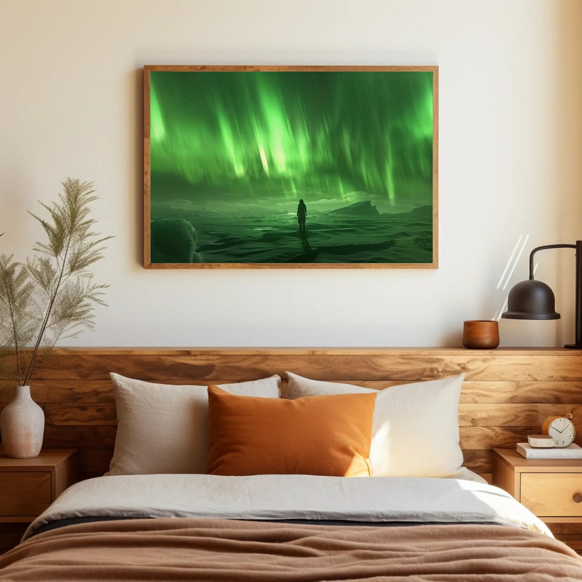 Green Northern Lights Lone Figure Icy Coast Night Sky Poster - Image 5