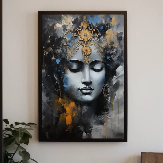 Krishna Portrait Painting Krishna Wall Art Krishna Framed Print Hindu God Wall Art Indian Painting Ready To Hang