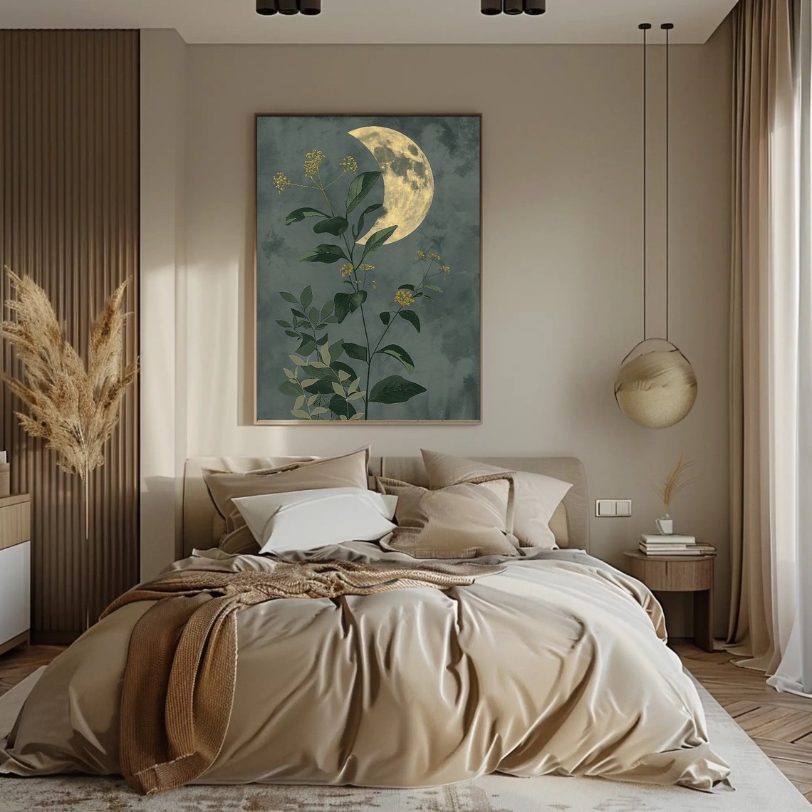 Crescent Moon Botanical Leaves Poster on Sage Green Background - Image 5