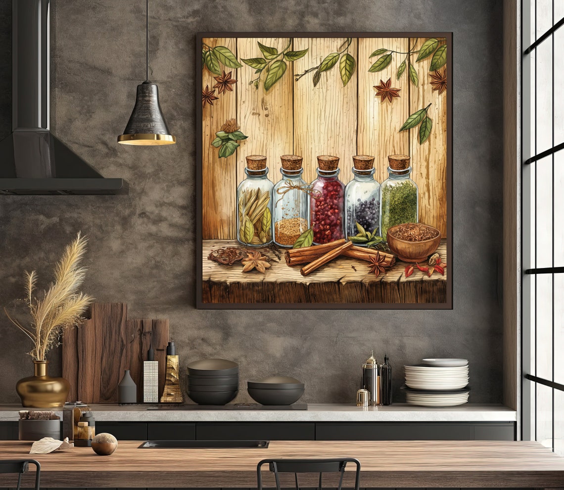Vintage Glass Spice Jars Rustic Wooden Shelf Kitchen Wall Print