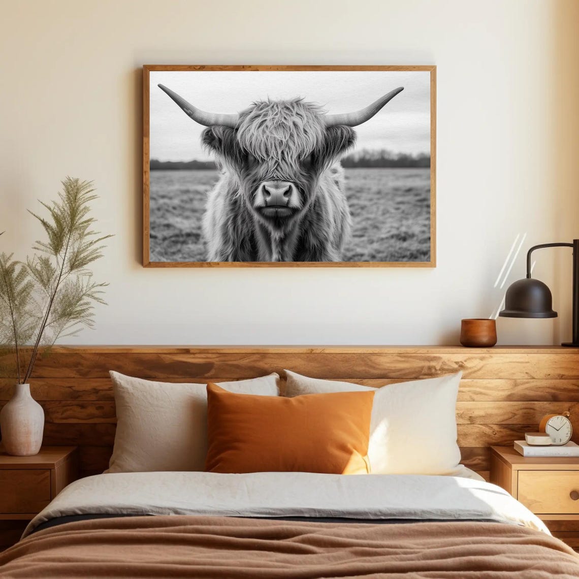 Highland Cow in a Misty Field Black and White Photography Poster - Image 3