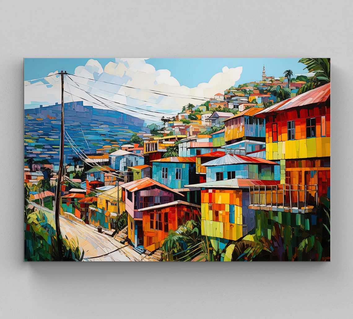 Haiti Hillside Town Colorful Houses Mosaic Style Caribbean Art Poster