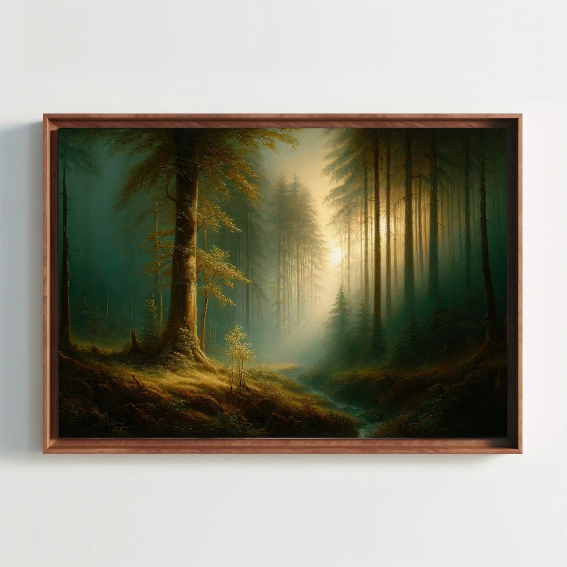 Serene Forest Stream At Twilight Tranquil Woods Framed Print Peaceful Nature Scene Soothing Forest Landscape Art For Home