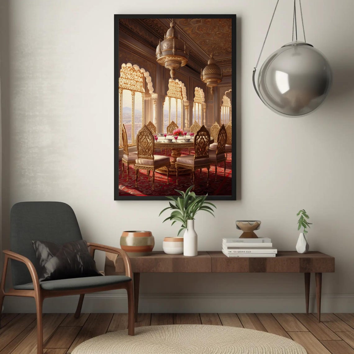 Royal Indian Palace Dining Hall with Glowing Arched Windows Poster - Image 5
