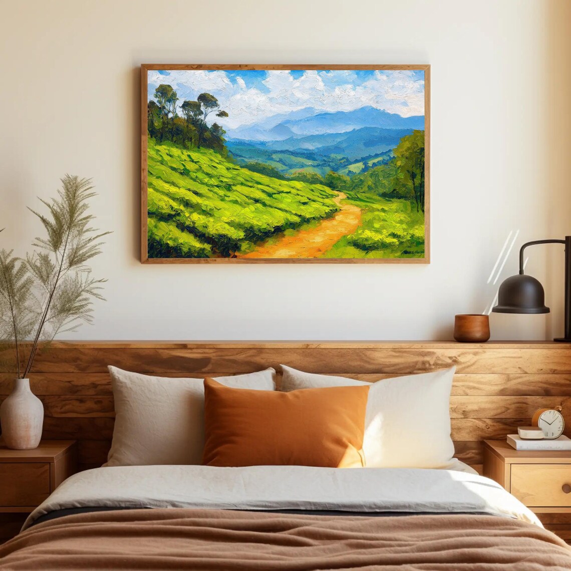 Kerala Tea Plantation Rolling Green Hills Golden Path Painting Poster - Image 2