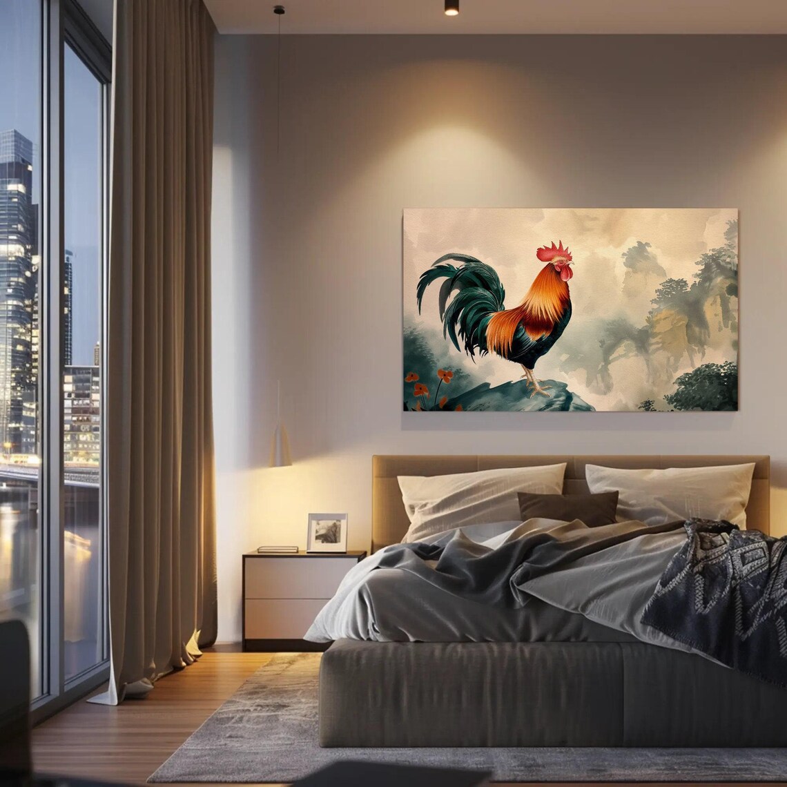 Vibrant Rooster Standing On Rock Asian Watercolor Bird Art Poster - Image 5