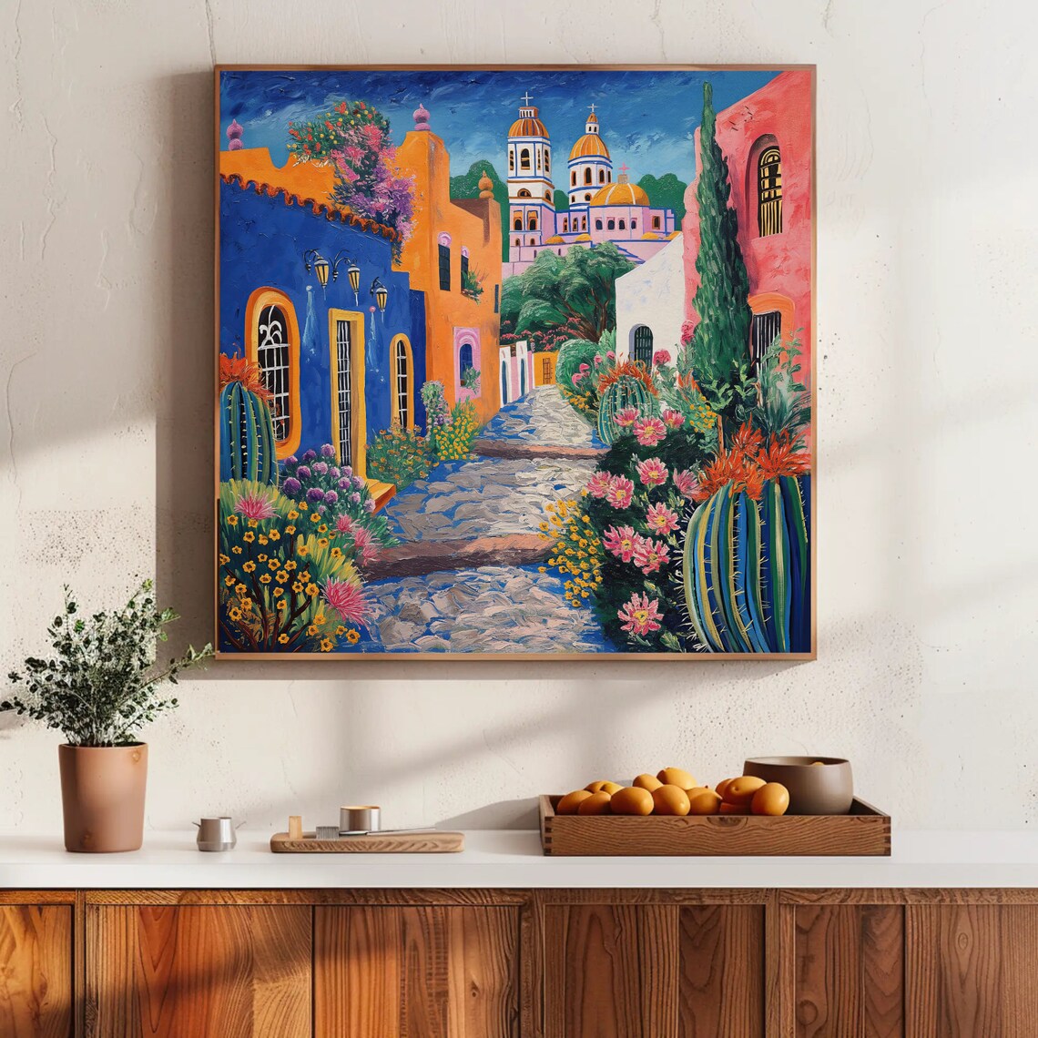 Colorful Mexican Village Street With Church Towers Impasto Poster - Image 2