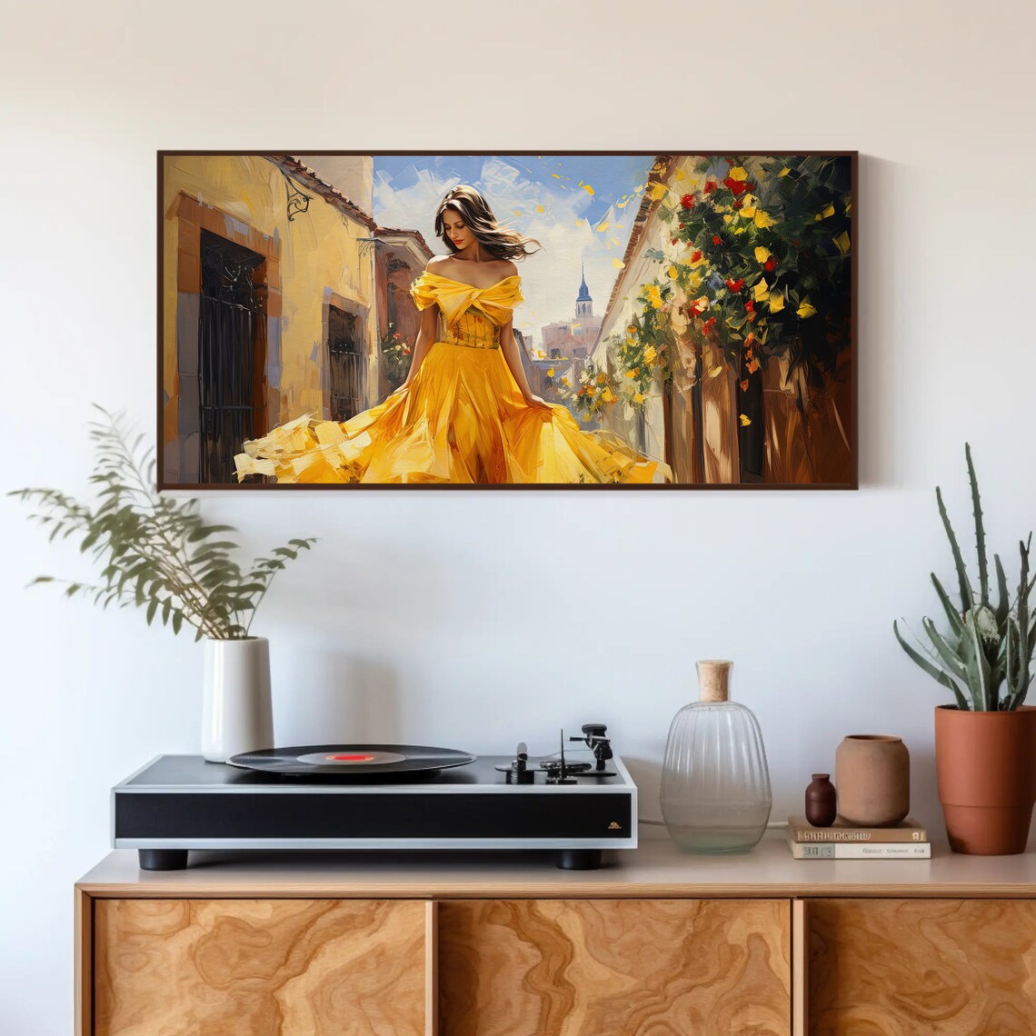 Woman in Yellow Dress on Mexican Street Flower Alley Scene Poster - Image 3