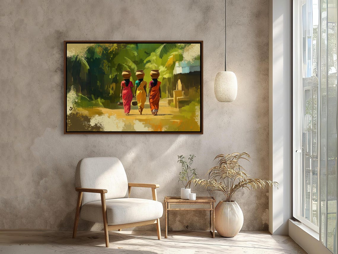 Three Village Women in Sarees Carrying Pots Abstract Art Poster - Image 4