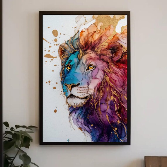 Vibrant Alcohol Ink Lion Portrait With Gold Accents Abstract Poster
