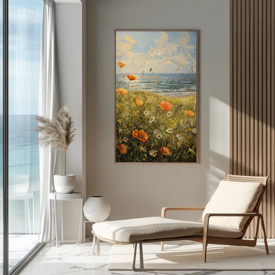 Orange Poppies And Daisies In Coastal Meadow By The Sea Art Poster - Image 3