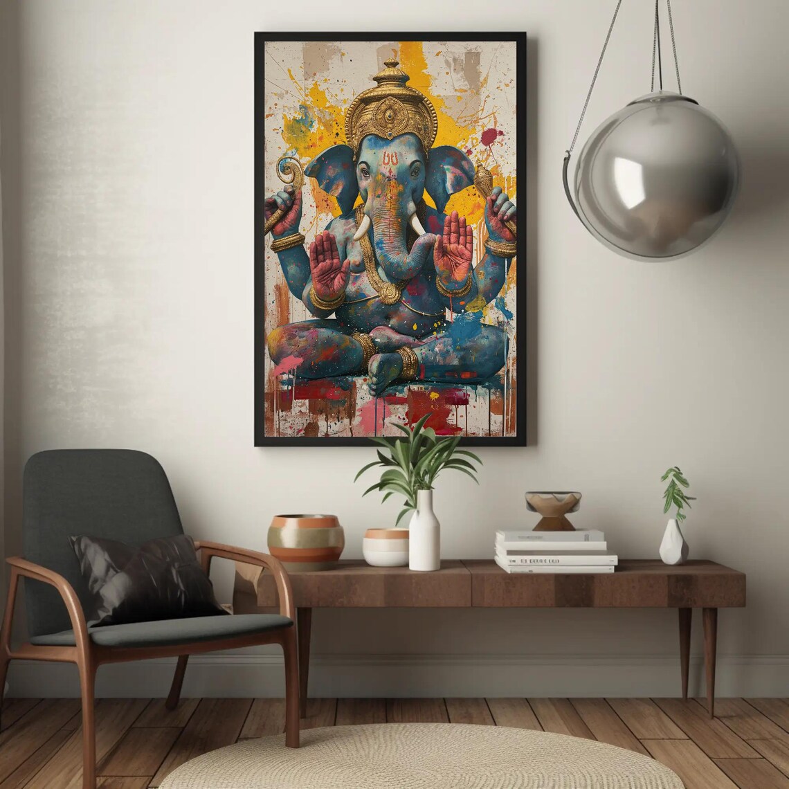 Colorful Ganesh Seated In Blessing Pose Paint Splash Art Poster - Image 4