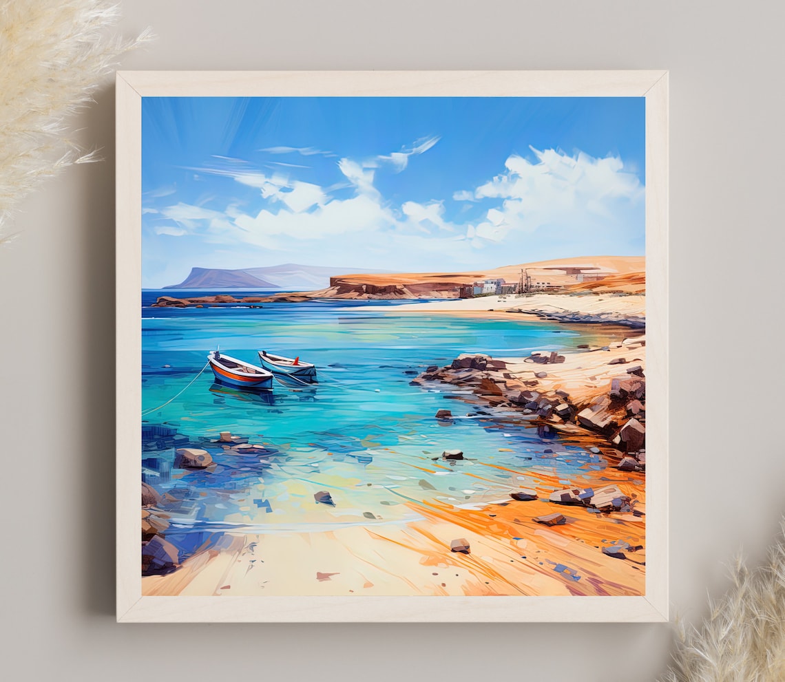 Lanzarote Beach Cove Fishing Boats Volcanic Coast Travel Poster