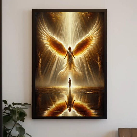 Golden Angelic Being Spiritual Guardian Angel Wall Art Divine Light Print Ethereal Heavenly Decor Celestial Angel Artwork