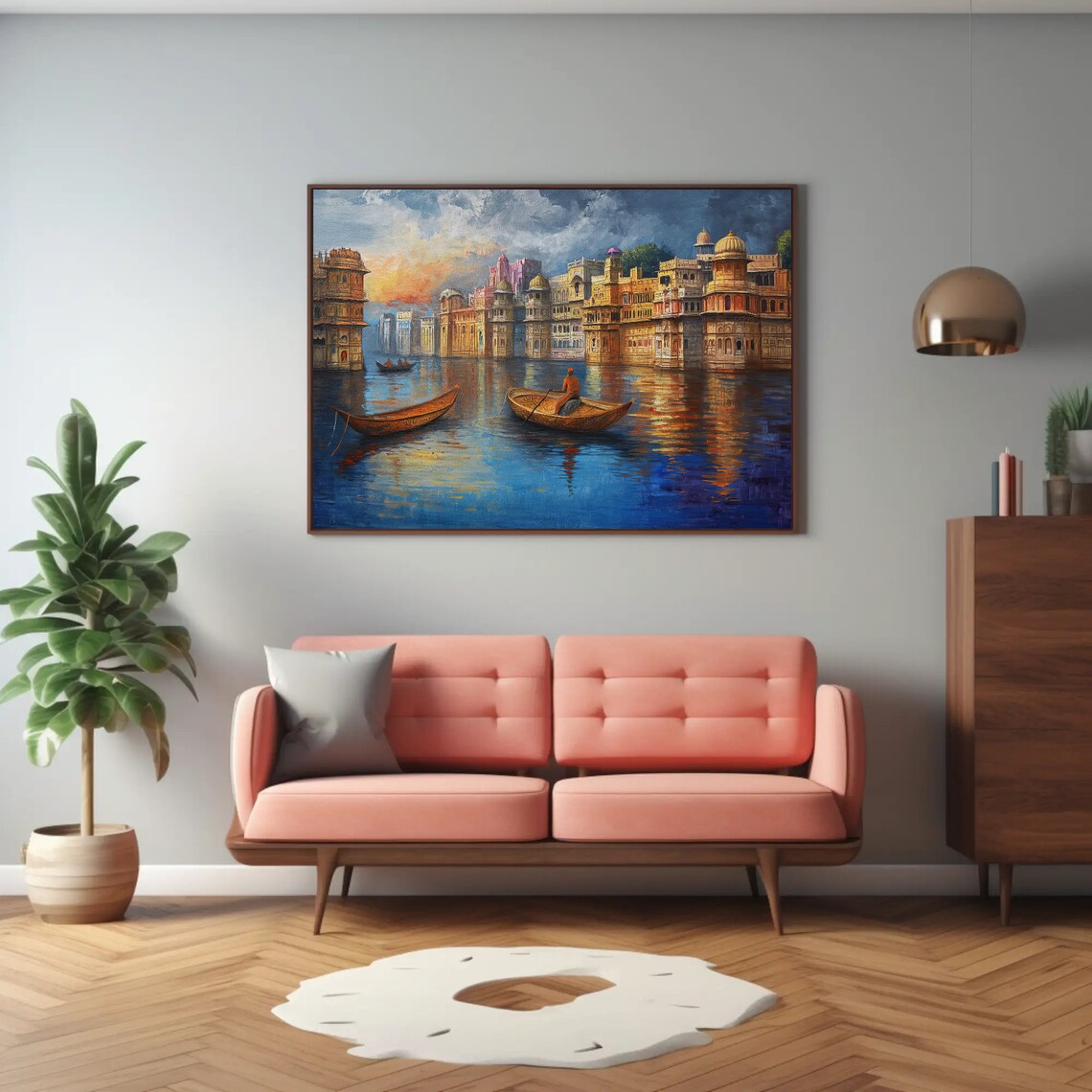 Dusk Boats On Indian River Ghats Riverside Cityscape Painting Poster - Image 2