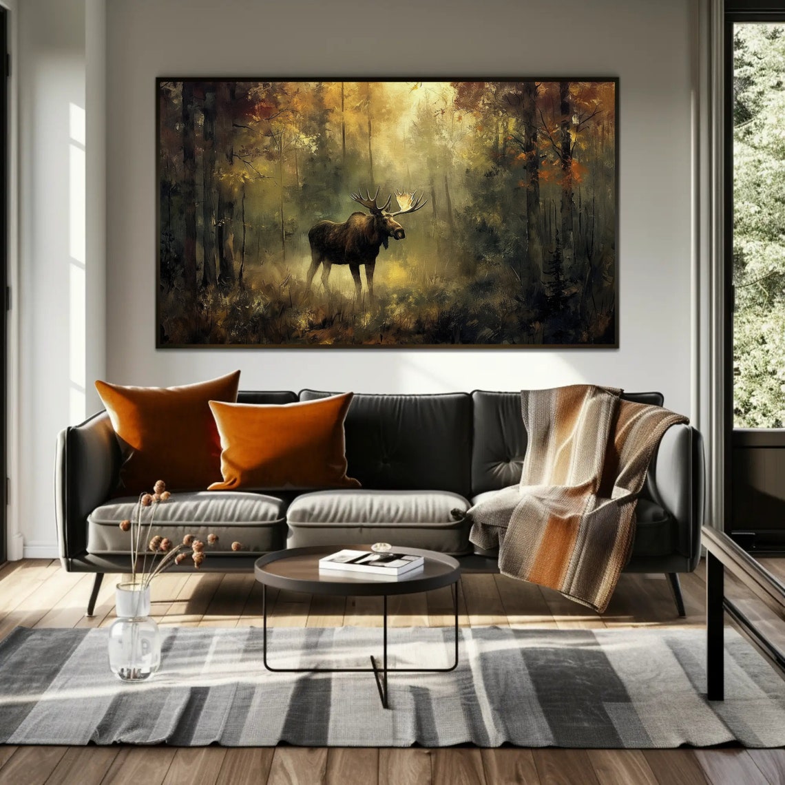 Bull Moose with Antlers in Golden Misty Forest Wildlife Nature Poster - Image 5