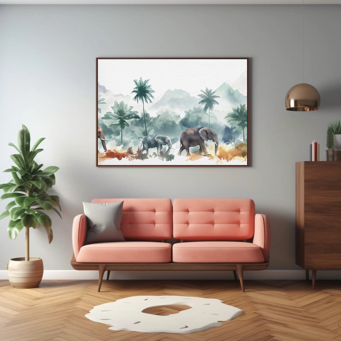 Elephant Herd in Jungle Landscape Watercolor Art Print - Image 2