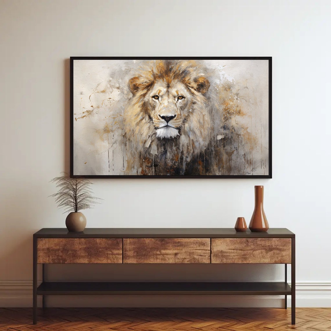 Abstract Lion Portrait in Warm Gold and Gray Brushstrokes Poster - Image 2