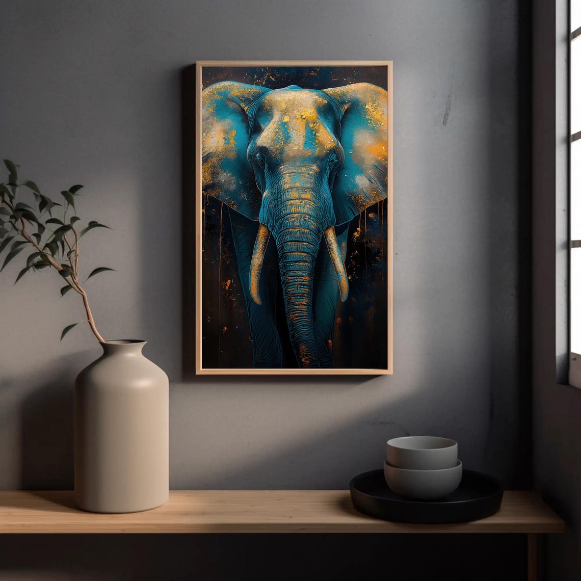 Elephant Front Portrait Turquoise Gold Abstract Wildlife Poster - Image 5