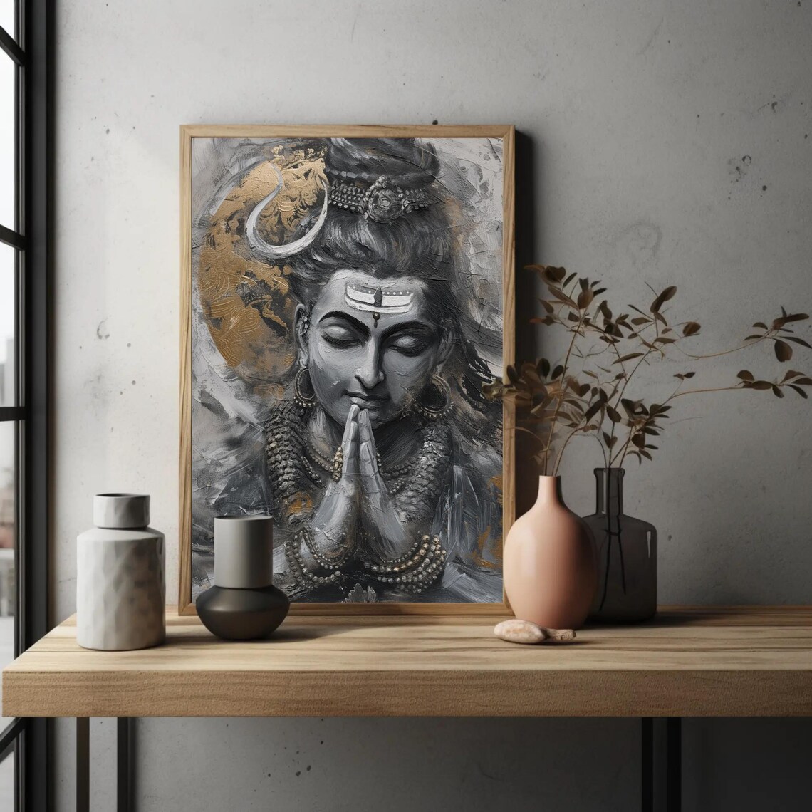 Praying Lord Shiva Hindu God Gray and Gold Spiritual Wall Poster - Image 5