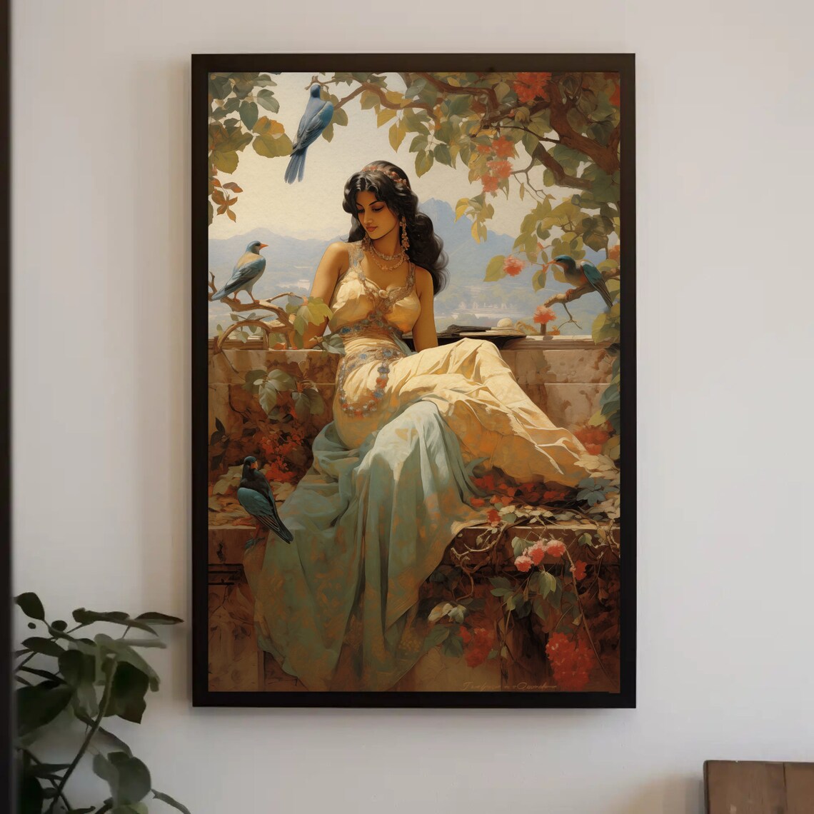 Indian Woman in Garden with Blue Birds and Red Flowers Poster