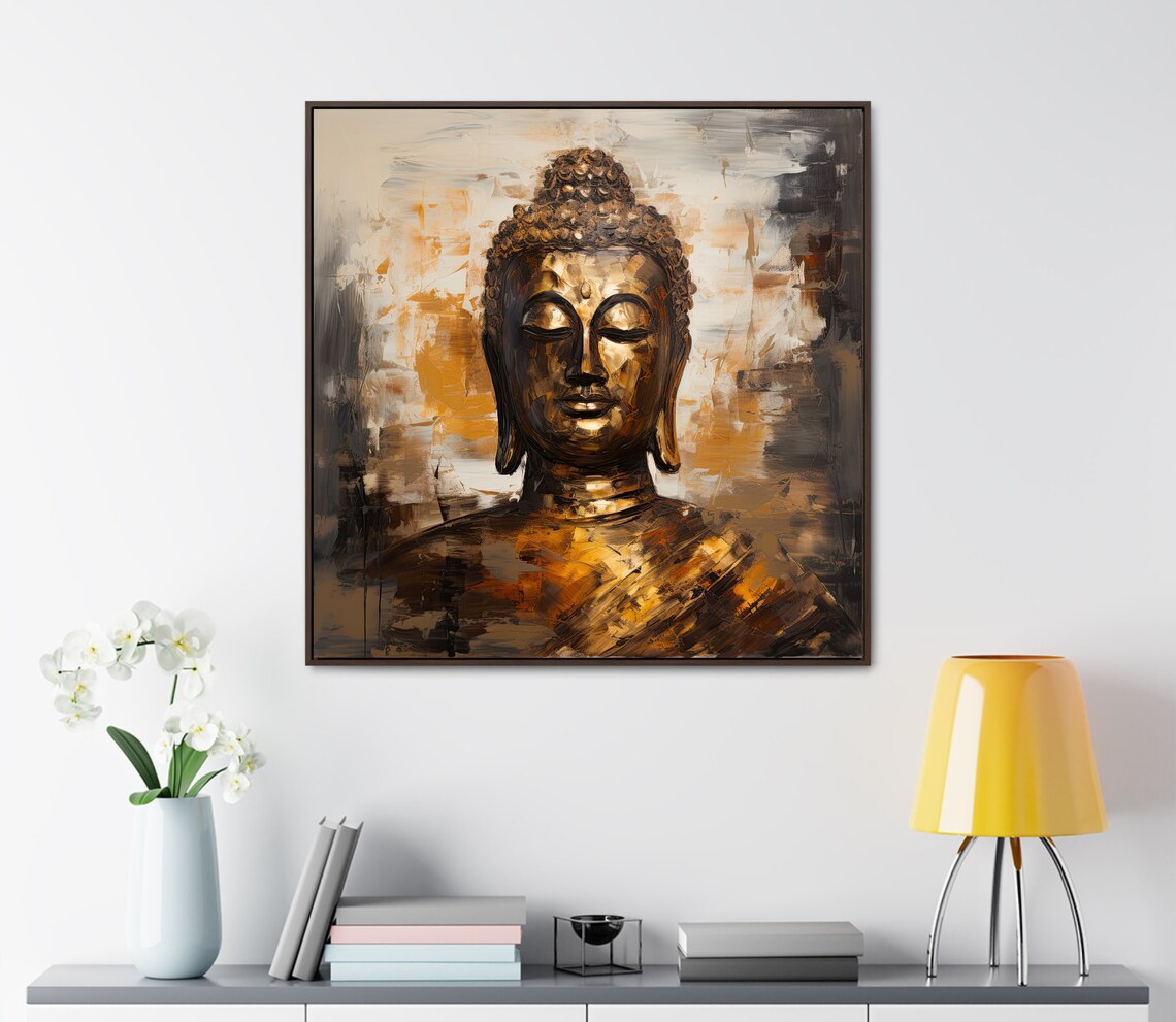 Bronze Buddha Face Close Up in Golden Calm Oil Painting Poster - Image 3