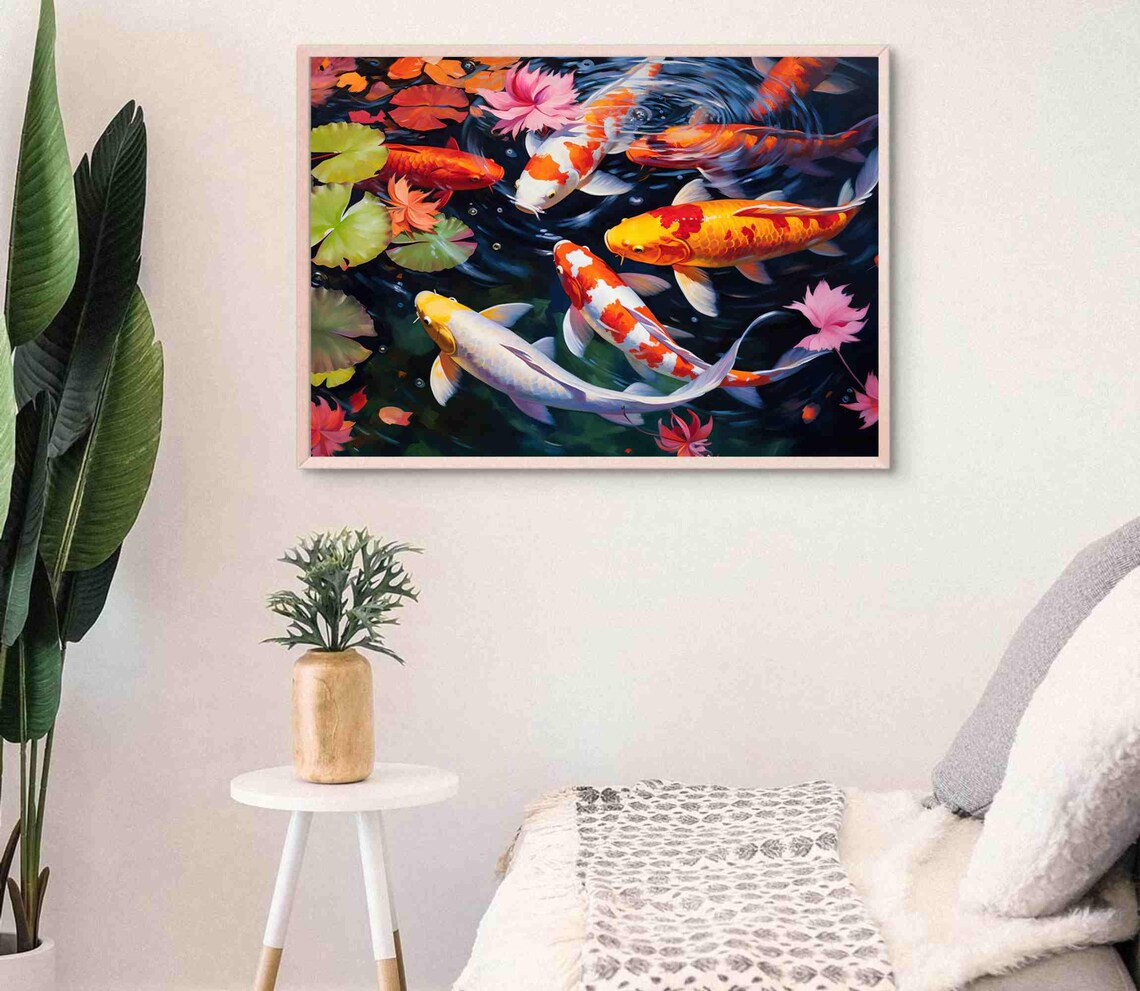 Colorful Koi Fish Pond Oil Painting Art Print - Image 4
