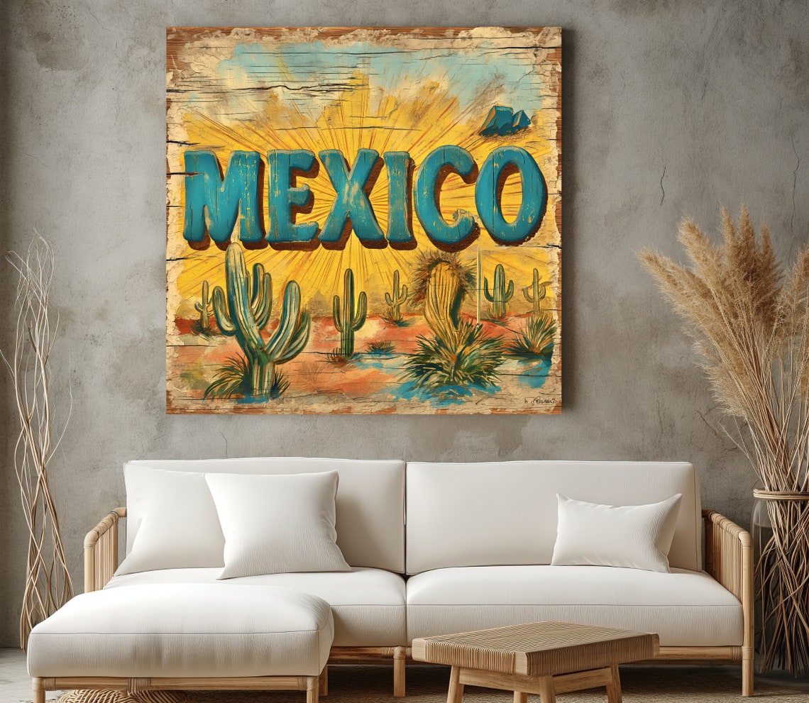 Retro Mexico Desert Cacti Scene at Sunset Wood Sign Wall Poster