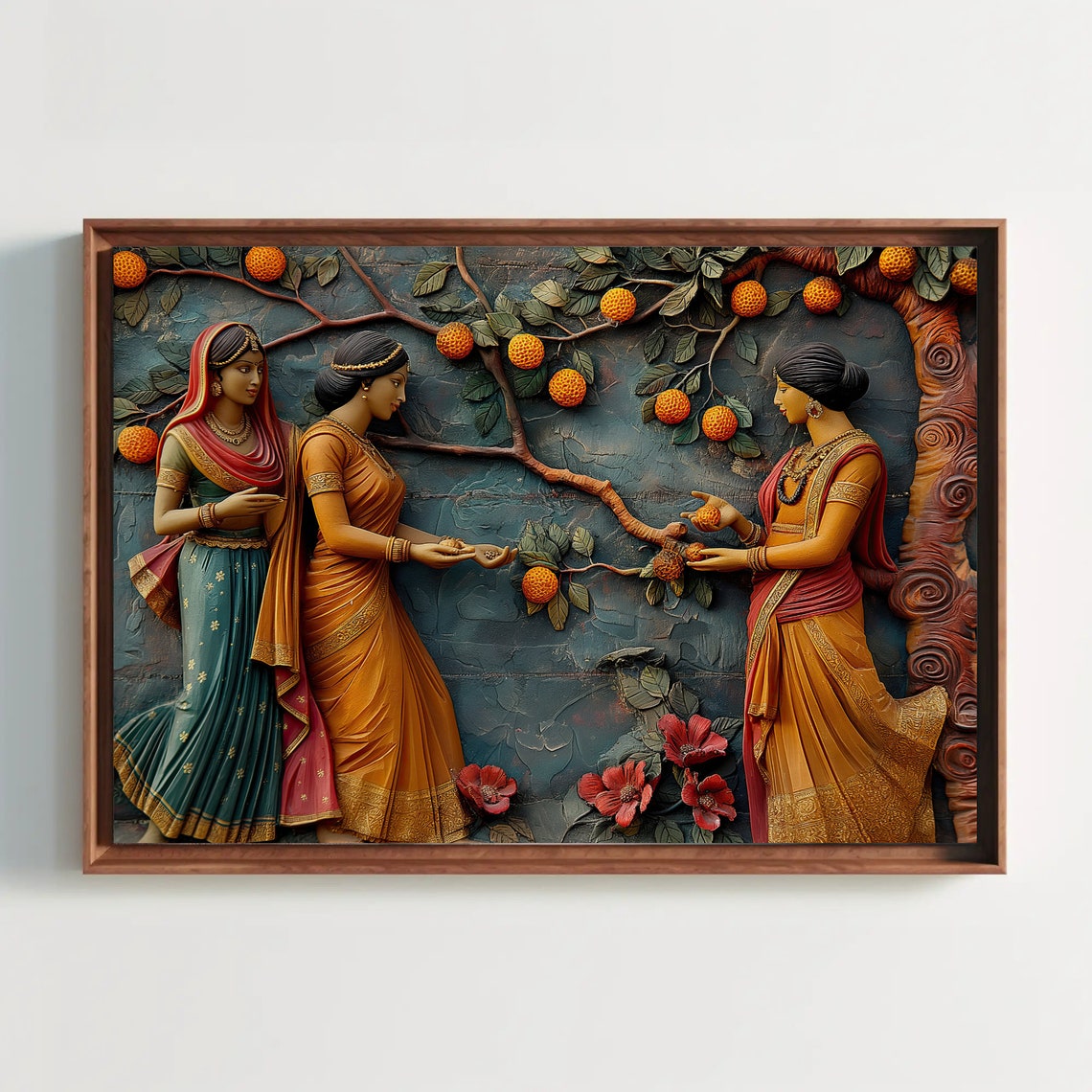 Indian Women Under Orange Tree 3D Sculpture Relief Style Poster - Image 4