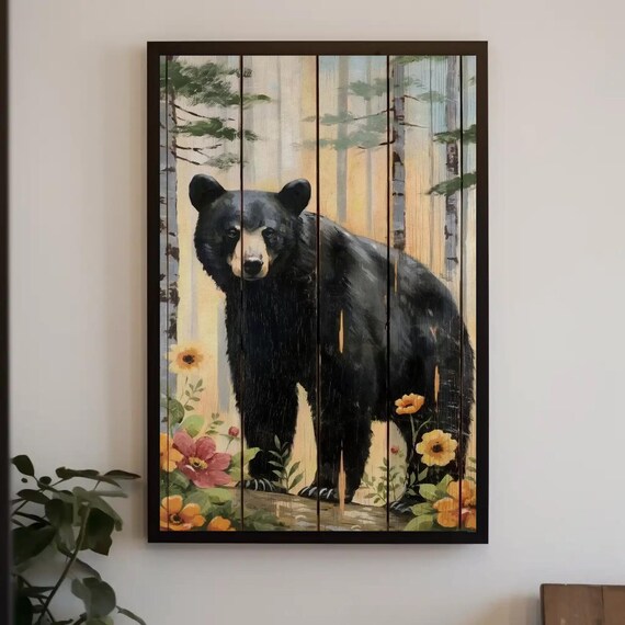 Black Bear In Birch Forest Painted On Rustic Wood Planks Poster