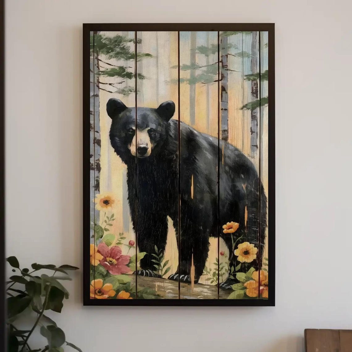 Black Bear In Birch Forest Painted On Rustic Wood Planks Poster