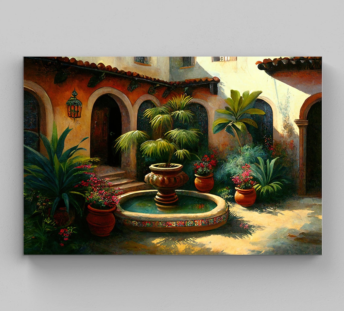 Mexican Colonial Courtyard Fountain Palm Garden Sunlit Art Poster