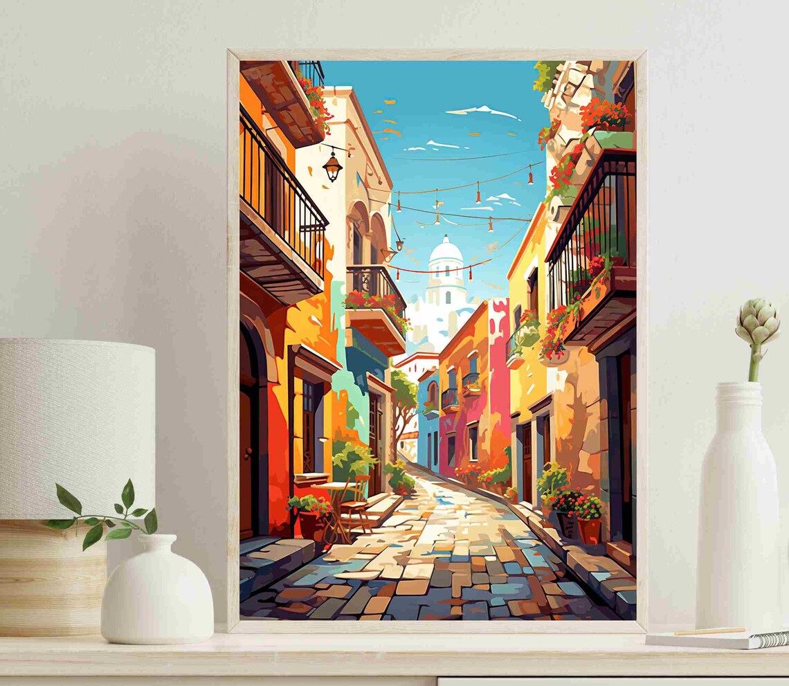 Streets Of Mexico Painting, Mexican Town Art Print
